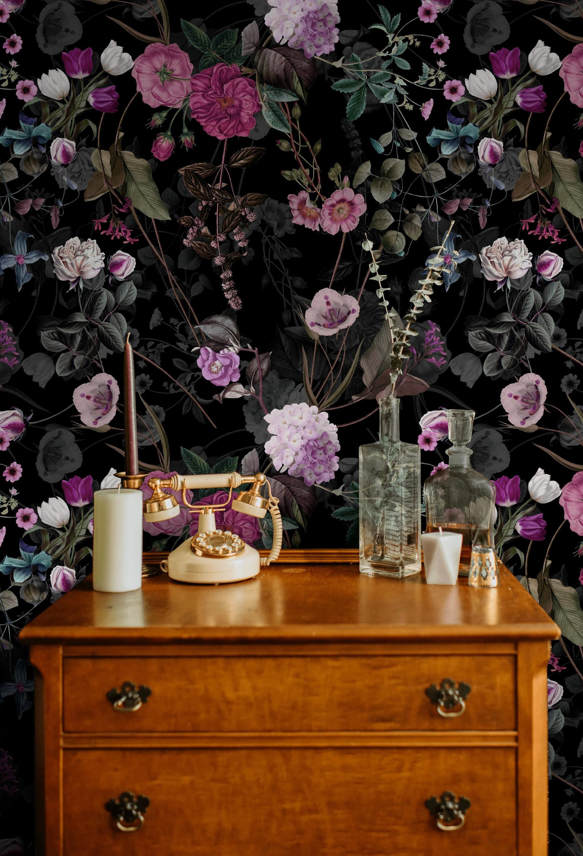 Floral Purple Wallpaper Elegant Dark Flower Wall Mural - Etsy