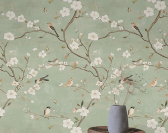Serene lente vogels en bloesem behang