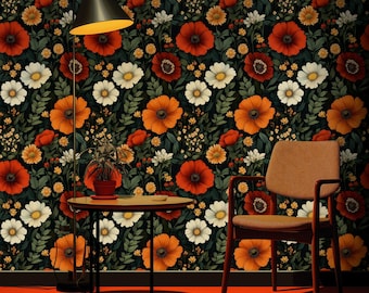 Orange Poppy Botanical Wallpaper | Dark Background Vintage Floral Wall Mural Peel and Stick Roll