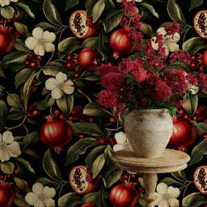 Pomegranate & Blossoms Wallpaper | Lush Wall Mural for a Bold Mediterranean Touch