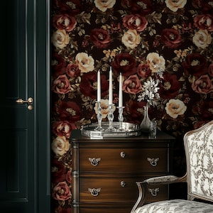 Dark Burgundy Floral Wallpaper | Cream & Maroon Roses Wall Mural | Dramatic Moody Peel and Stick