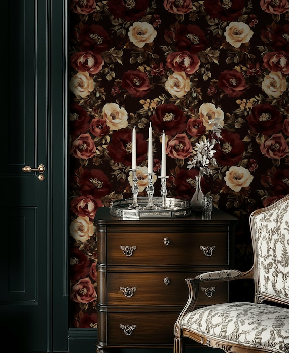 Dark Burgundy Floral Wallpaper | Cream & Maroon Roses Wall Mural | Dramatic Moody Peel and Stick