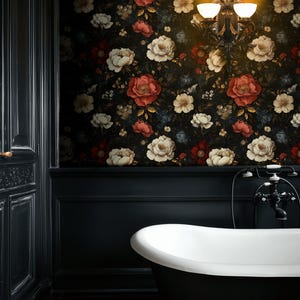 Midnight Garden Wallpaper | elegante rote Blüten | Dunkles Blumen Schälen und Aufkleben Wandbild
