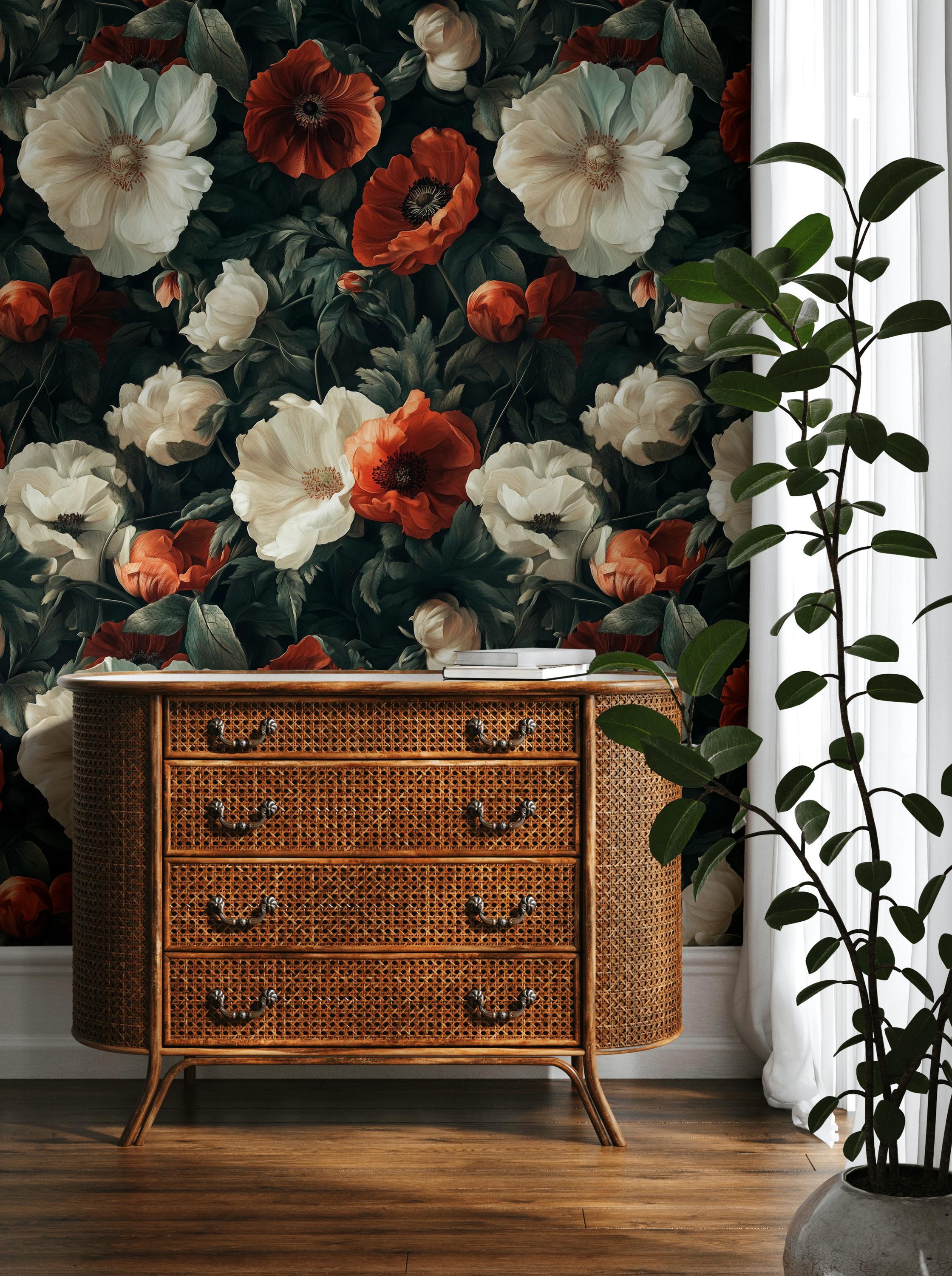 Dark Floral Wallpaper With Red and White Poppies | Botanical Removable ...