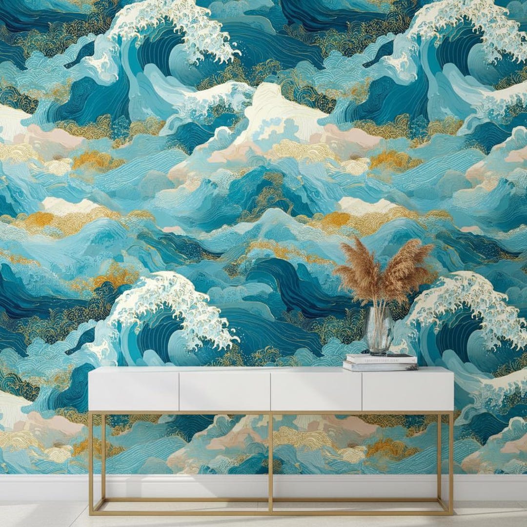 Waves Wallpaper Abstract Peel and Stick Ocean Decorative Mural - Etsy