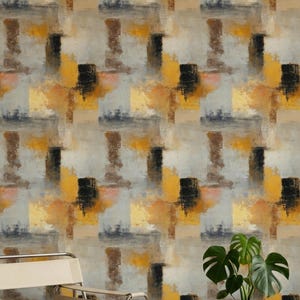 May include: Wallpaper featuring an abstract pattern of rectangular blocks in shades of mustard yellow, charcoal black, muted brown, and soft gray. The design displays visible brushstroke textures and layered paint effects across the entire surface.