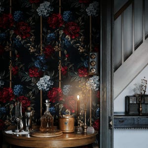 Tapete mit Blumen: Vintage Rot & Blau Schälen und aufkleben Wandbild