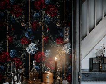 Dark Floral Wallpaper: Vintage Red & Blue Peel and Stick Mural