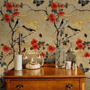 Golden Cherry Blossom Wallpaper: Asian Art Peel and Stick Roll