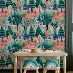 Enchanted Pastel Forest Wallpaper Wall Mural | Whimsical Kids Decor