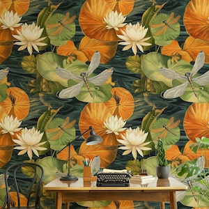 Papier peint floral lotus enchanté - Papier peint libellule et nénuphar vibrants