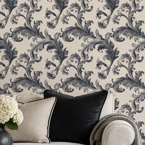 Acanthus Leaves Wallpaper Damask Scrollwork In Cream And Navy