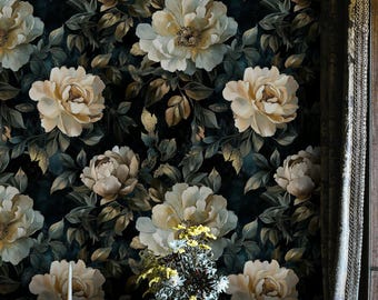 Peony Floral Wallpaper Cream Blossom Peel And Stick Dark Botanical Decorative Mural