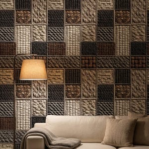 May include: A living room scene featuring a beige sofa with throw pillows and a blanket. The wall behind the sofa is covered in a textured wallpaper with a patchwork design in shades of brown, beige, and black. A floor lamp with a tan lampshade is on the left.