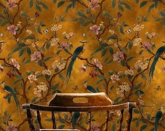 Golden Look Bird Wallpaper Tropical Peel And Stick Decorative Mural