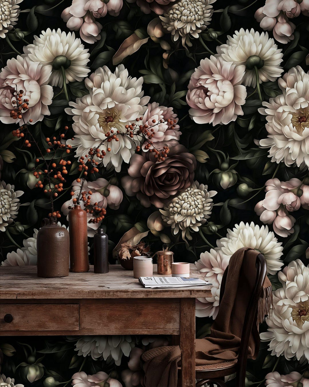 Dark Floral Wallpaper Mural | Peel and Stick Wallpaper | Removable Wall ...