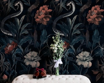 Midnight Garden Snake Wall Mural Floral Wallpaper