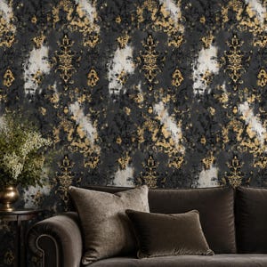 Gold Damask Wallpaper Distressed Black Gray Abstract Background