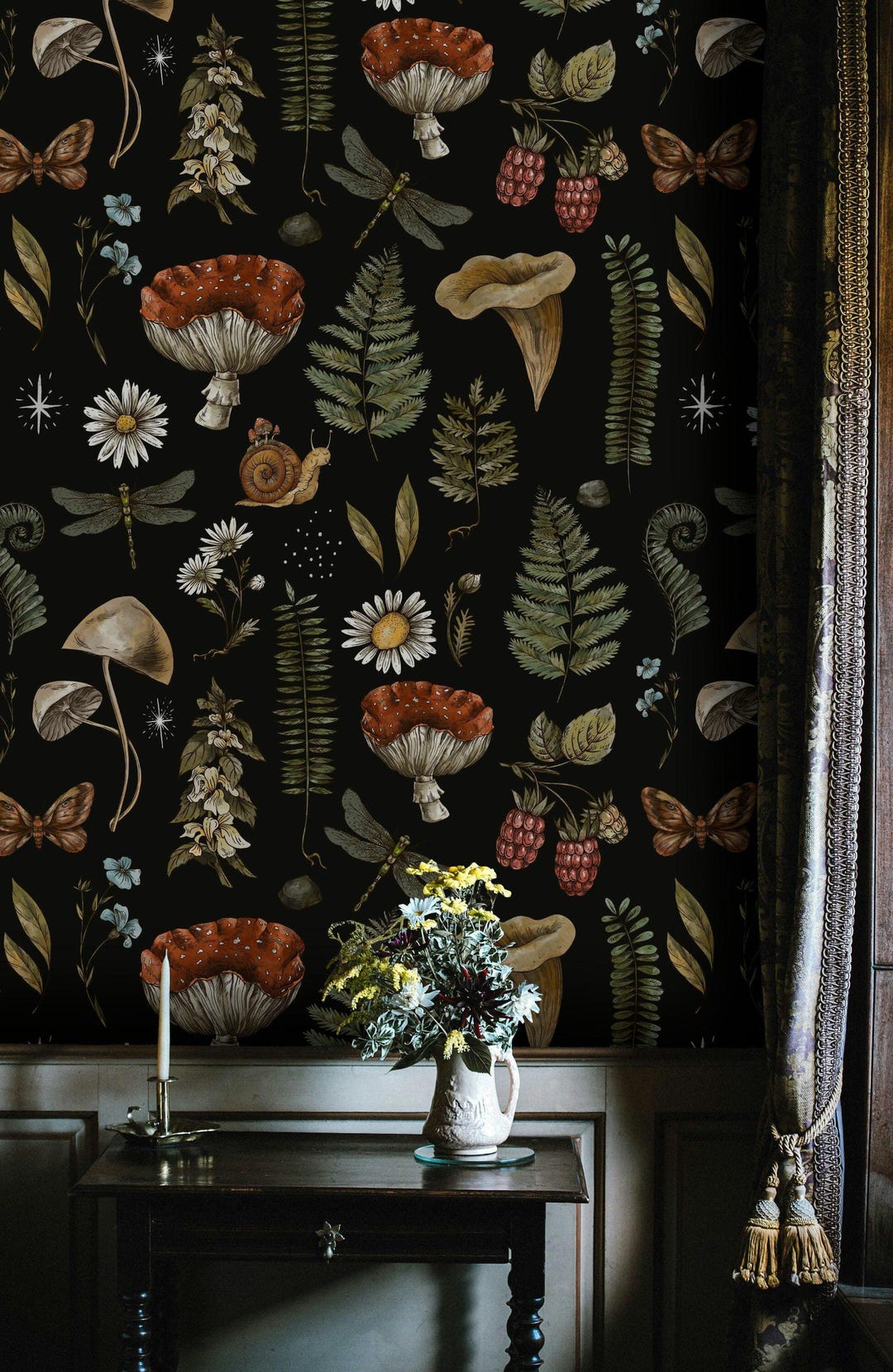 Enchanted Forest Wallpaper Woodland Mushroom and Dragonfly Pattern Dark ...
