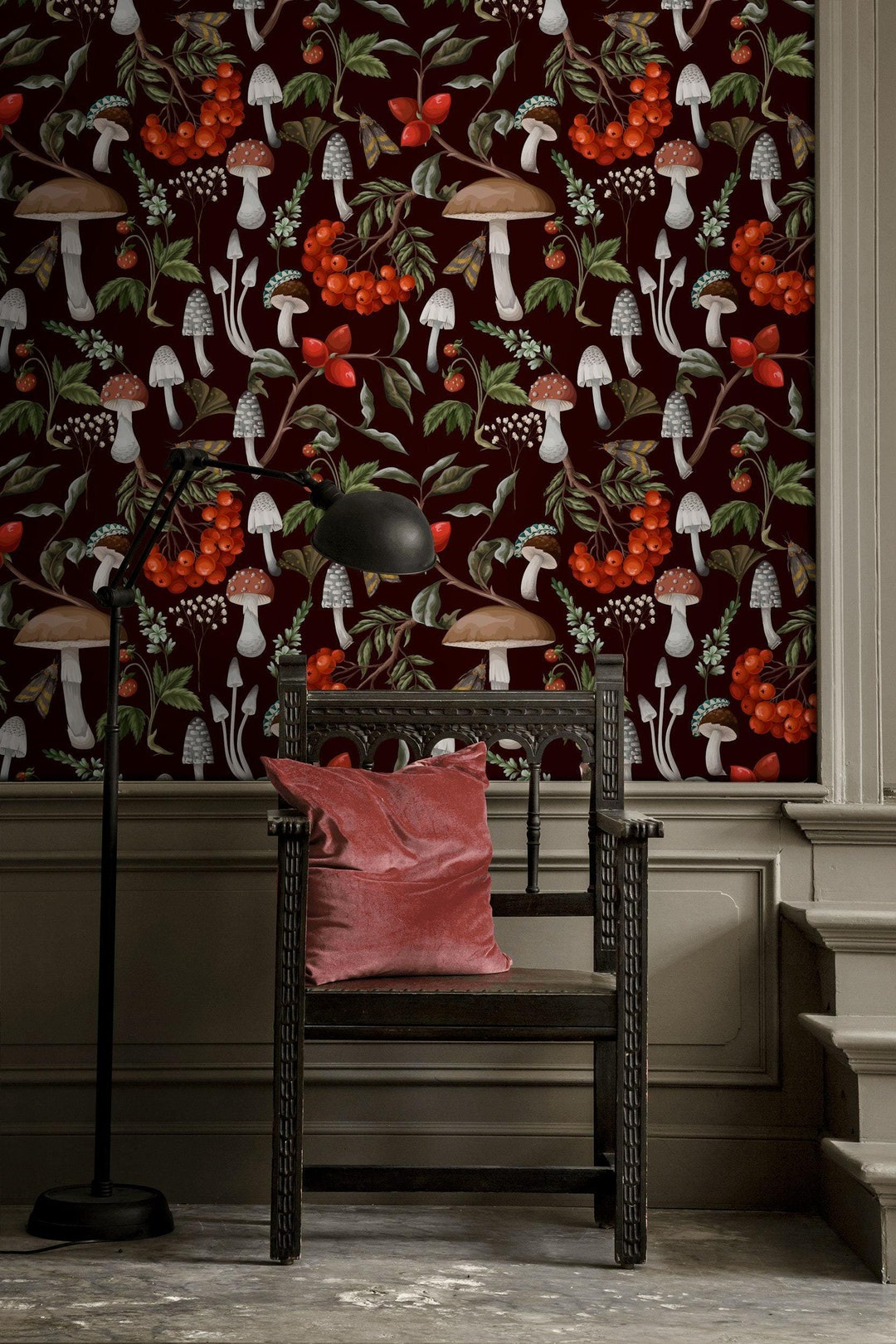Dark Forest Mushroom Wallpaper Botanical Wall Mural Peel and Stick ...