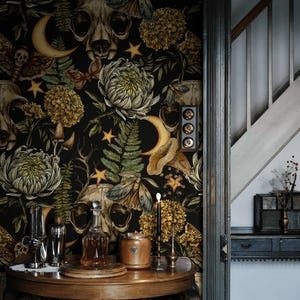 Gothic Dark Floral Wallpaper Dark Victorian Peel and Stick Skulls Wall Mural