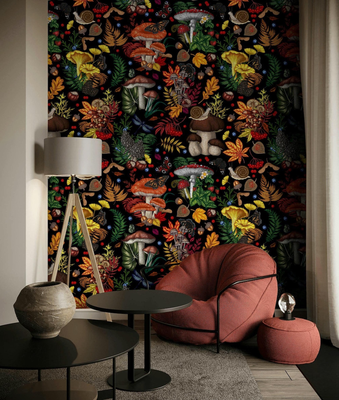 Enchanted Forest Mushroom Wallpaper Dark Botanical Wall Mural Autumn ...