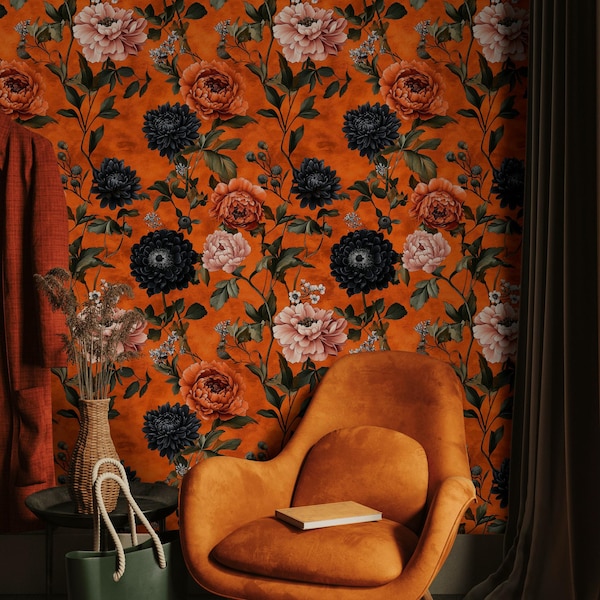 Bold Orange Floral Wallpaper | Peonies & Black Dahlias Peel and Stick Wall Mural
