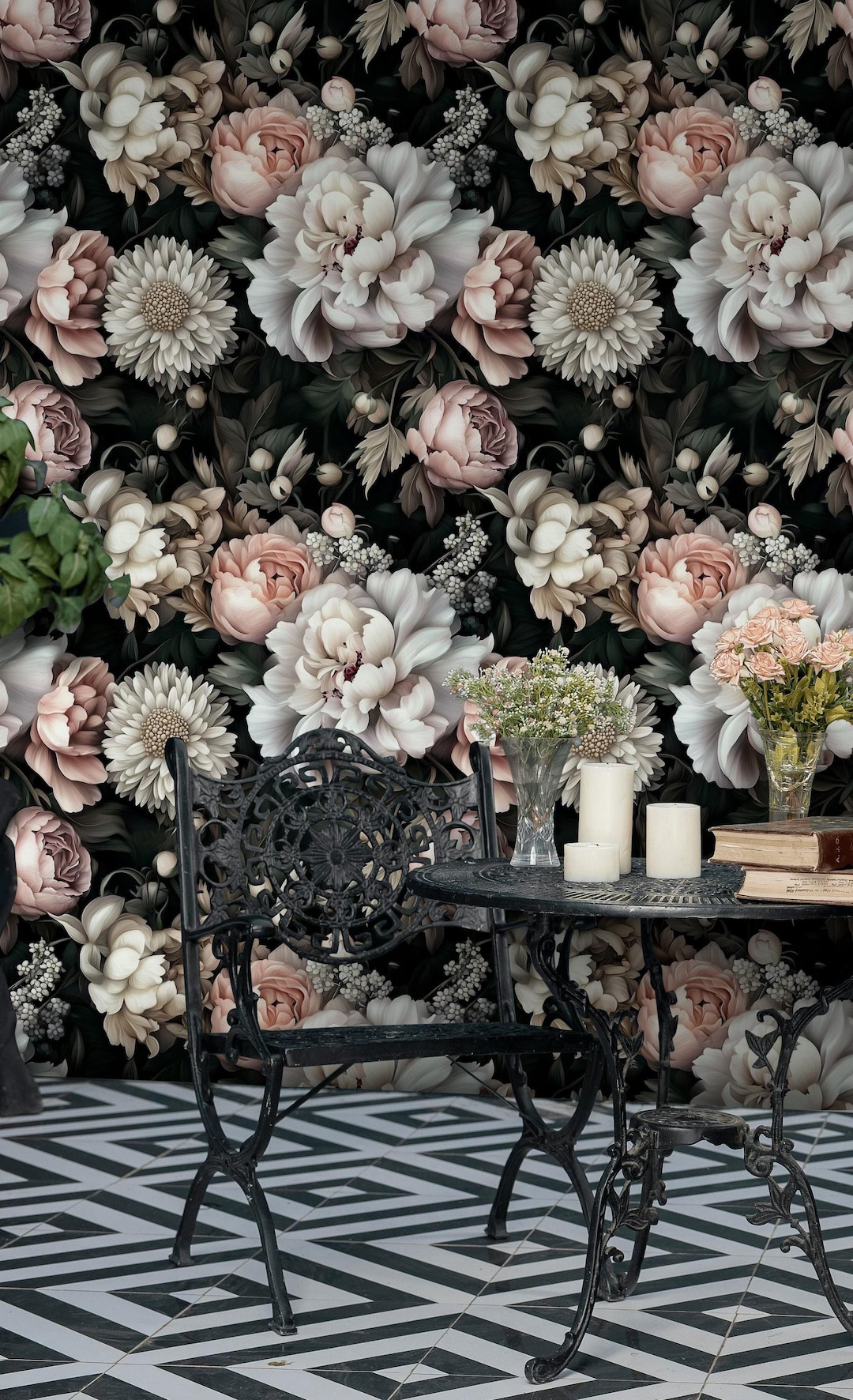Dark Peony Floral Wallpaper | Dramatic Removable Wall Mural - Etsy