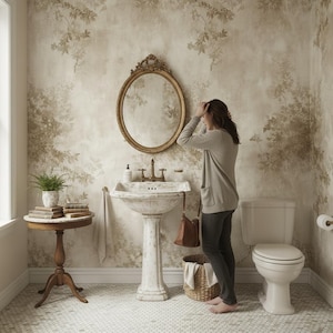 May include: A bathroom scene featuring a vintage-style pedestal sink with brass fixtures, an oval gold-framed mirror, and floral wallpaper. A small round table holds a potted plant and books. The room has a classic, elegant aesthetic.