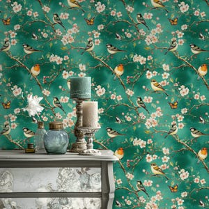 Emerald Green Floral Wallpaper Vintage Birds & Cherry Blossoms Wall Mural Peel and Stick Roll