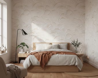 Papel de parede decorativo autoadesivo com textura de gesso em tons neutros.