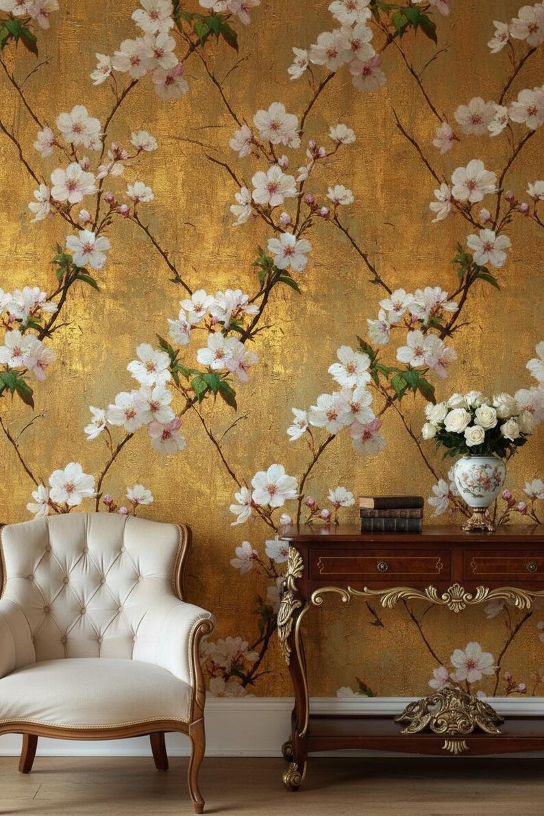 Floral Wallpaper Gold Peel and Stick Elegant Decorative Mural - Etsy