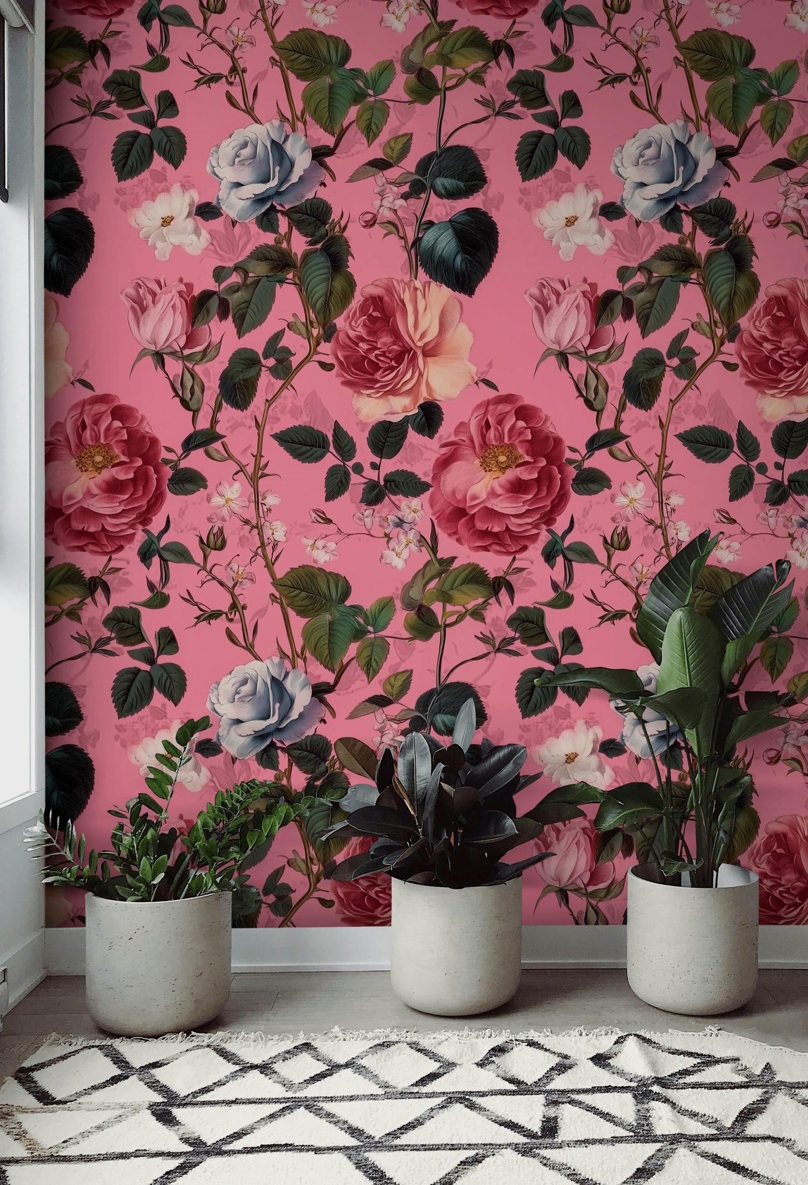 Vintage Floral Wallpaper Pink Background Romantic Rose Design ...