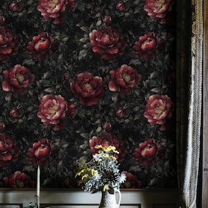 Carta da parati di lusso con peonie bordeaux / Carta da parati floreale metallizzata in oro nero / Rotolo staccabile e attaccabile