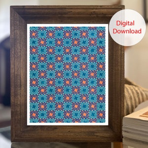 May include: A digital download of a geometric pattern print featuring a repeating design of teal, blue, and orange shapes. The pattern is framed in a dark wood frame.