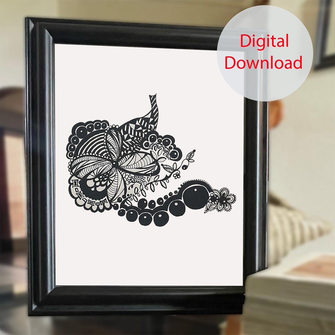 Zentangle Flower Art Print: Hand-drawn Floral Line Art (digital ...