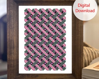 May include: A framed print of a geometric pattern with pink, green, and black shapes. The pattern is made up of repeating triangles and squares.