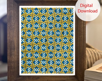 Arabian Geometric Wall Art: Blue & Gold Puzzle Design (Digital Download), Multiple sizes home decor