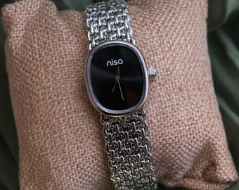 Silver Bracelet Watch for Women - Minimalist Black Dial Mesh Watch - Valentine's Day Gift for Her - Elegant Jewelry Watch - Retro Silver