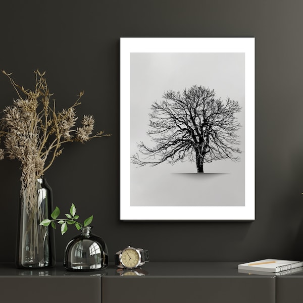 Pine Tree Branch Print, Vintage Tree Drawing Enhanced, Printable Tree Art, Downloadable Print, Black Abstract Art Print, Printable Wall Art