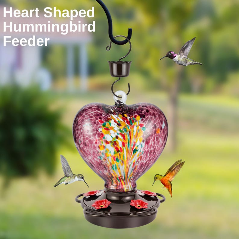 Hand Blown Glass Hummingbird Feeder: Heart-shaped, Leak-proof ...
