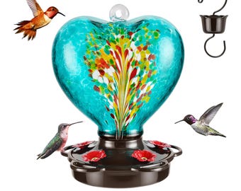 Hand Blown Glass Hummingbird Feeder: Heart-shaped, Leak-proof