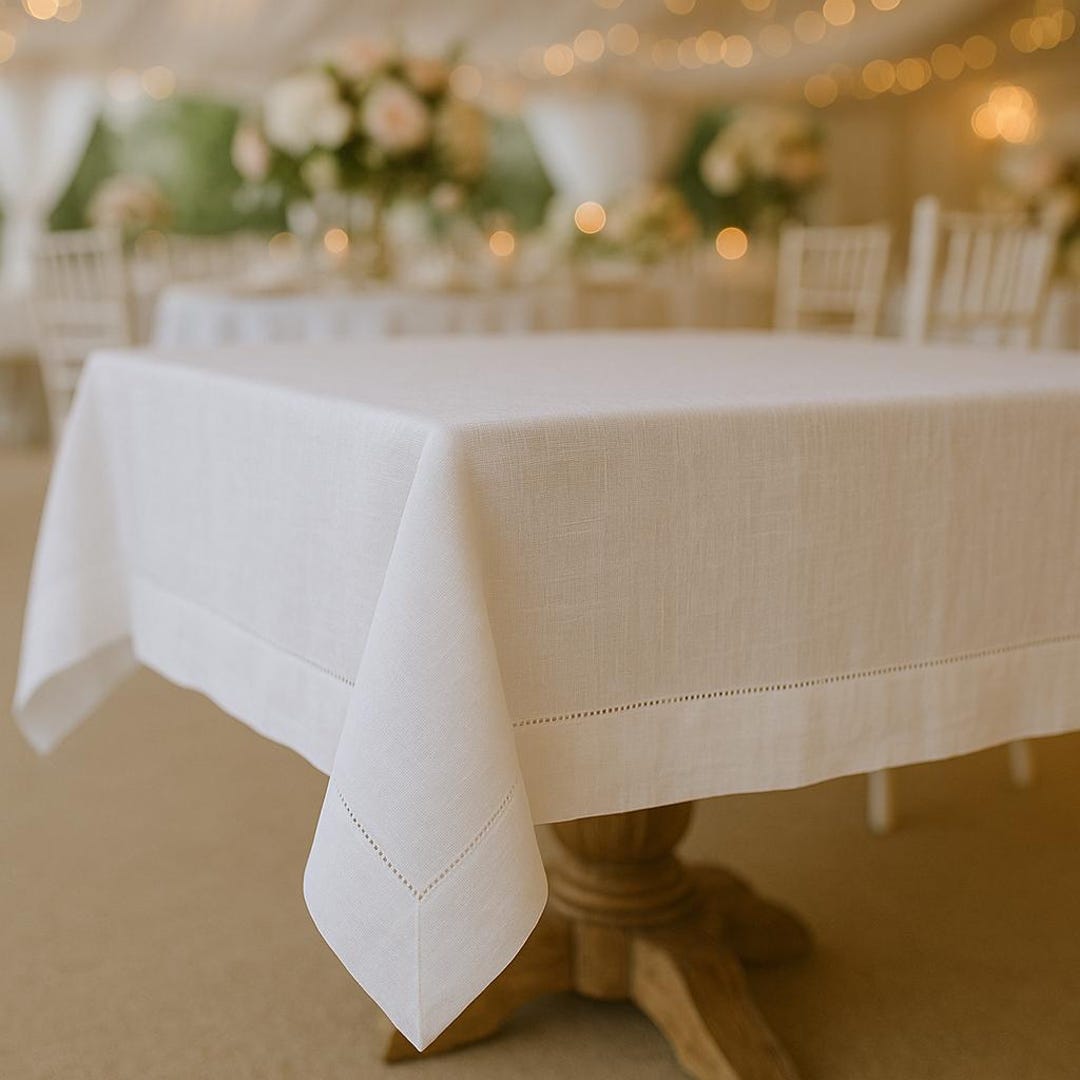 Custom Size Embroidered Linen Table Cloth, Hemstitched Linen Table ...
