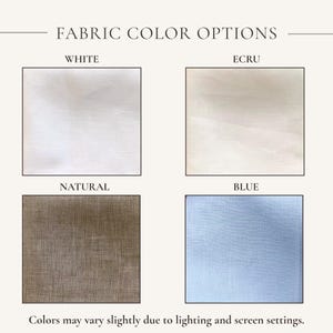 K&ouml;nnte beinhalten: Ein Raster aus vier Stofffarbmustern mit der &Uuml;berschrift FABRIC COLOR OPTIONS. Die Quadrate zeigen Texturen in Wei&szlig;, Ecru, nat&uuml;rlichem Braun und Hellblau. Der Text am unteren Rand lautet: Colors may vary slightly due to lighting and screen settings.