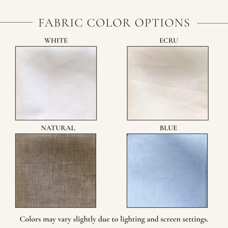 K&ouml;nnte beinhalten: Ein Raster aus vier Stofffarbmustern mit der &Uuml;berschrift FABRIC COLOR OPTIONS. Die Quadrate zeigen Texturen in Wei&szlig;, Ecru, nat&uuml;rlichem Braun und Hellblau. Der Text am unteren Rand lautet: Colors may vary slightly due to lighting and screen settings.