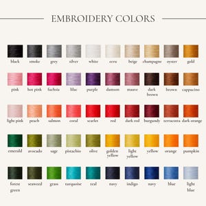 K&ouml;nnte beinhalten: Eine Farbkarte mit dem Titel EMBROIDERY COLORS, die f&uuml;nfzig rechteckige Garnmuster in verschiedenen Farbt&ouml;nen wie Schwarz, Grau, Wei&szlig;, Pink, Rot, Gr&uuml;n und Blau zeigt, wobei jedes mit dem entsprechenden Farbnamen in schwarzem Text beschriftet ist.