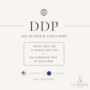 K&ouml;nnte beinhalten: Eine Grafik mit einem Globus-Symbol &uuml;ber dem Text DDP ALL DUTIES & TAXES PAID. Ein zentraler Kasten enth&auml;lt den Text WHAT YOU SEE IS WHAT YOU PAY und NO SURPRISE FEES AT DELIVERY. Darunter befinden sich US- und EU-Flaggen, DDP SHIPPING und ein Katzenlogo.