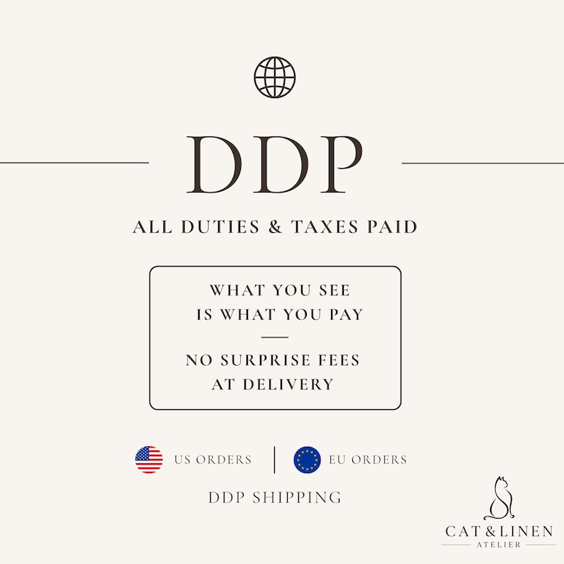 K&ouml;nnte beinhalten: Eine Grafik mit einem Globus-Symbol &uuml;ber dem Text DDP ALL DUTIES & TAXES PAID. Ein zentraler Kasten enth&auml;lt den Text WHAT YOU SEE IS WHAT YOU PAY und NO SURPRISE FEES AT DELIVERY. Darunter befinden sich US- und EU-Flaggen, DDP SHIPPING und ein Katzenlogo.