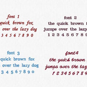 K&ouml;nnte beinhalten: Eine Schriftarten-Vergleichstabelle mit vier verschiedenen Stilen, beschriftet als font 1, font 2, font 3 und font 4. Jeder Abschnitt zeigt den Text 'the quick brown fox jumps over the lazy dog' gefolgt von den Zahlen 1 2 3 4 5 6 7 8 9 0 in Rot, Schwarz, Blau und Dunkelrot.