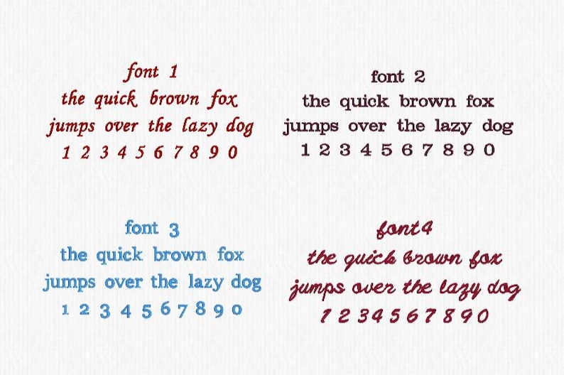 K&ouml;nnte beinhalten: Eine Schriftarten-Vergleichstabelle mit vier verschiedenen Stilen, beschriftet als font 1, font 2, font 3 und font 4. Jeder Abschnitt zeigt den Text 'the quick brown fox jumps over the lazy dog' gefolgt von den Zahlen 1 2 3 4 5 6 7 8 9 0 in Rot, Schwarz, Blau und Dunkelrot.